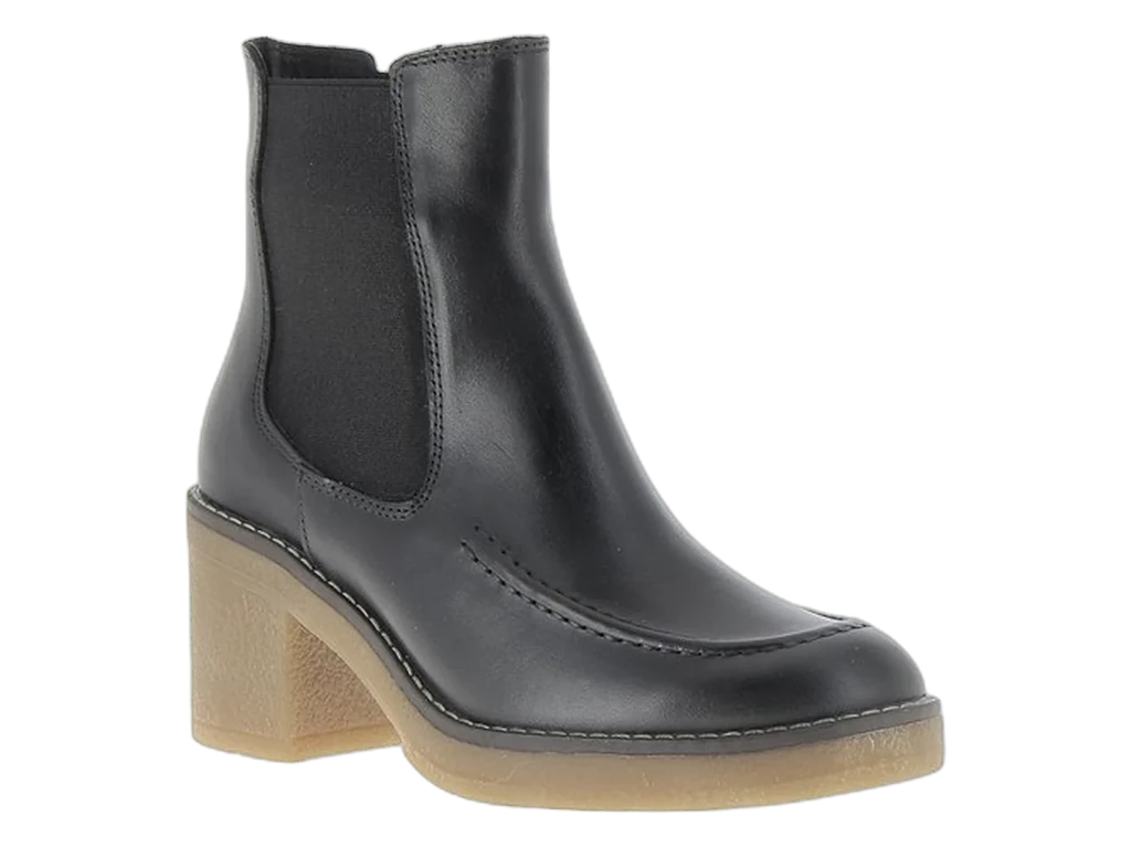 Bottine Etival en cuir lisse noir, élastique, semelle crêpe et talon bloc