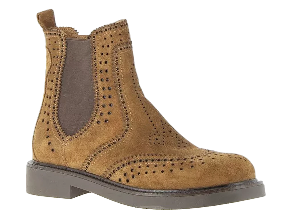 Bottine Salfrans en croûte cognac, brogue, élastique et semelle caoutchouc