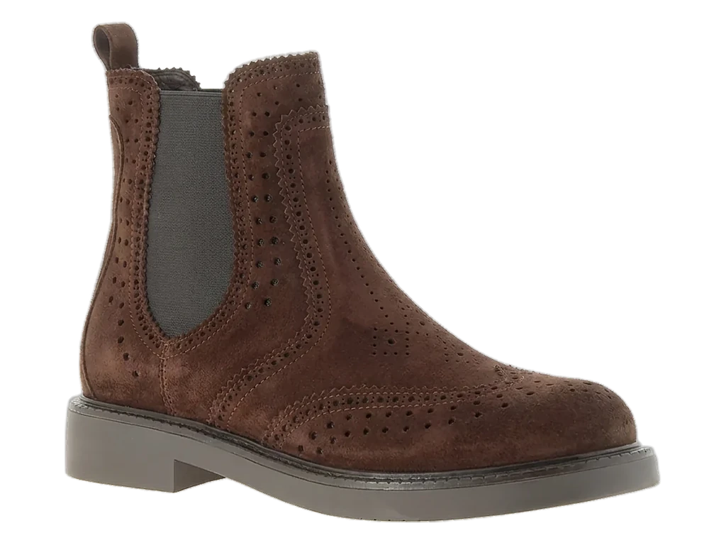 Bottine Salfrans en croûte chocolat, brogue, élastique et semelle caoutchouc