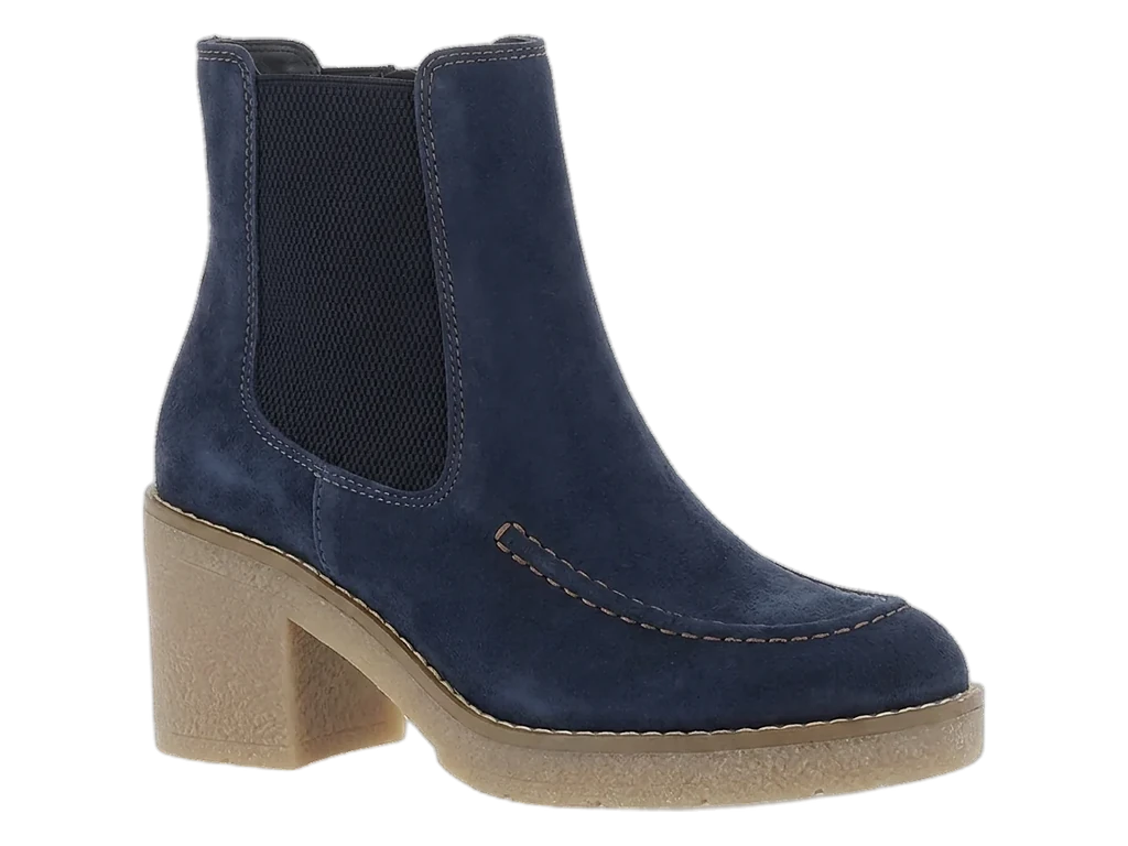 Bottine Etival en daim bleu marine, élastique, semelle crêpe et talon bloc