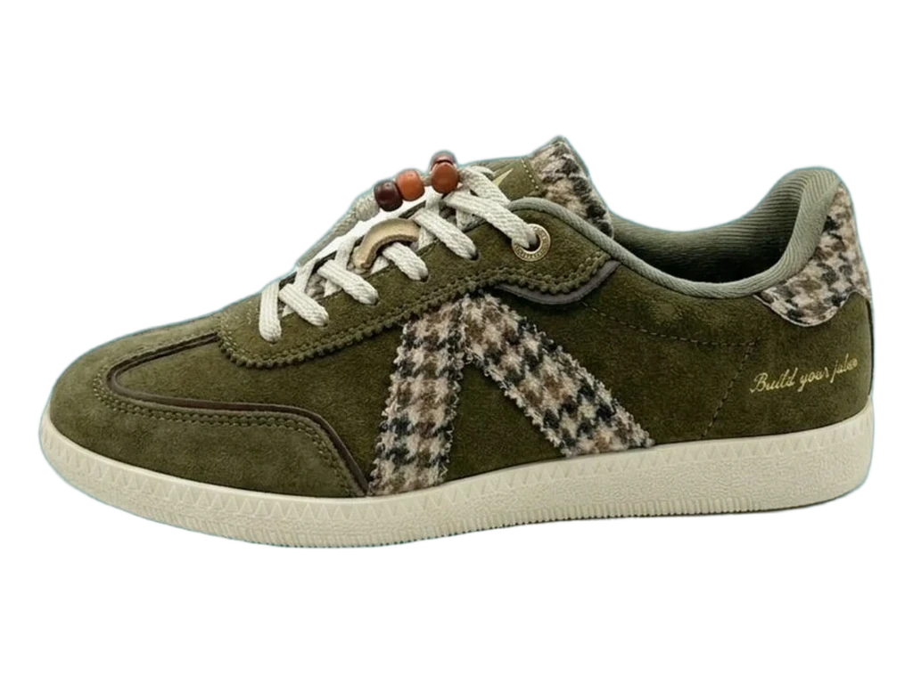 Basket ASFVLT Elite Classic Army en daim kaki, V pied-de-poule et lacets écrus
