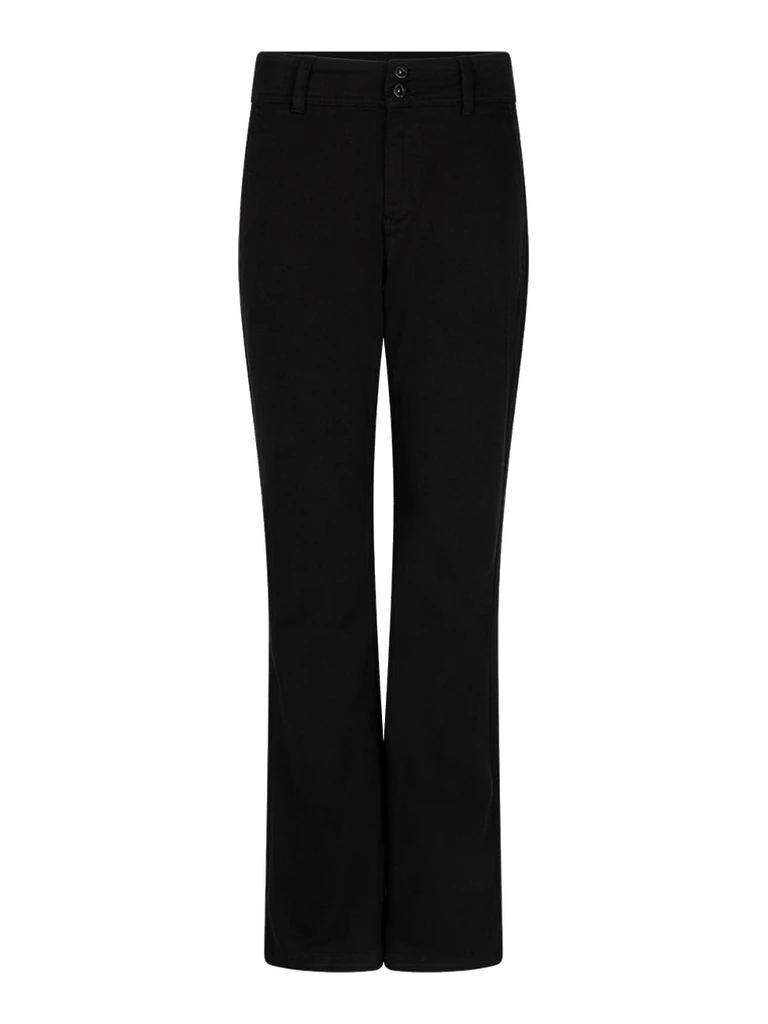 Le pantalon Bibette en noir profond, de face : taille haute à deux boutons et jambe évasée