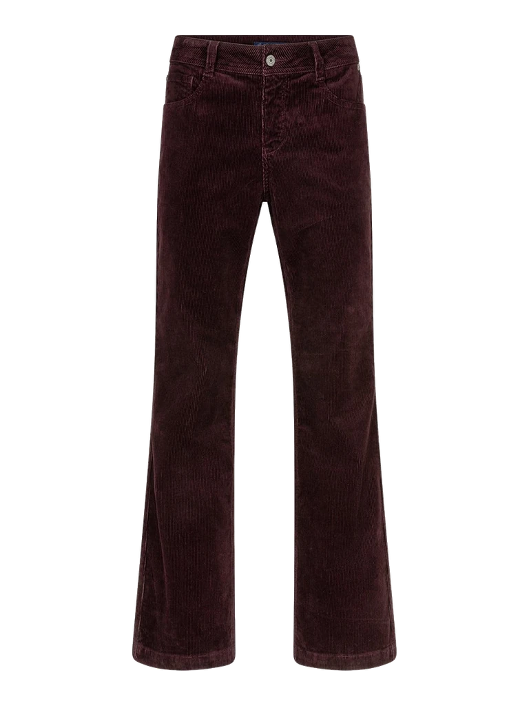 Le pantalon Bibette en velours côtelé bordeaux, de face, jambe évasée