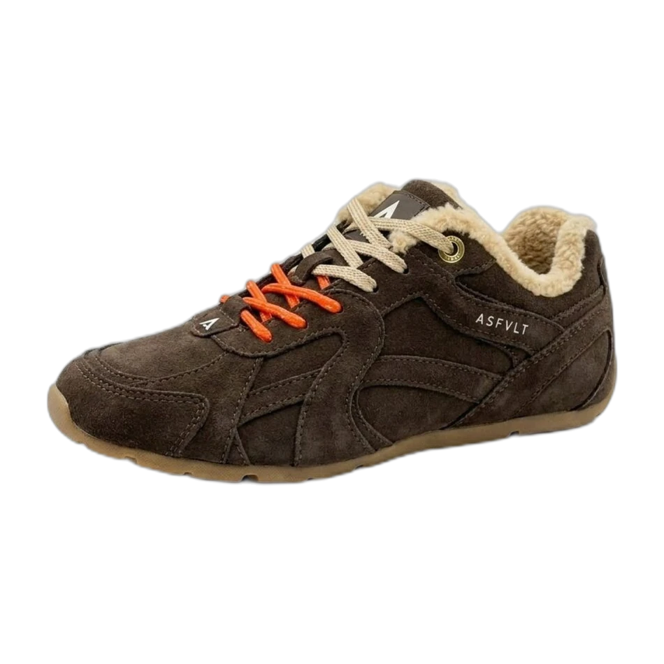 Basket City Run Flat en daim marron, col mouton et lacets orange