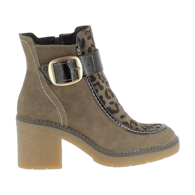 Bottines Etivey, daim léopard et vernis, taupe