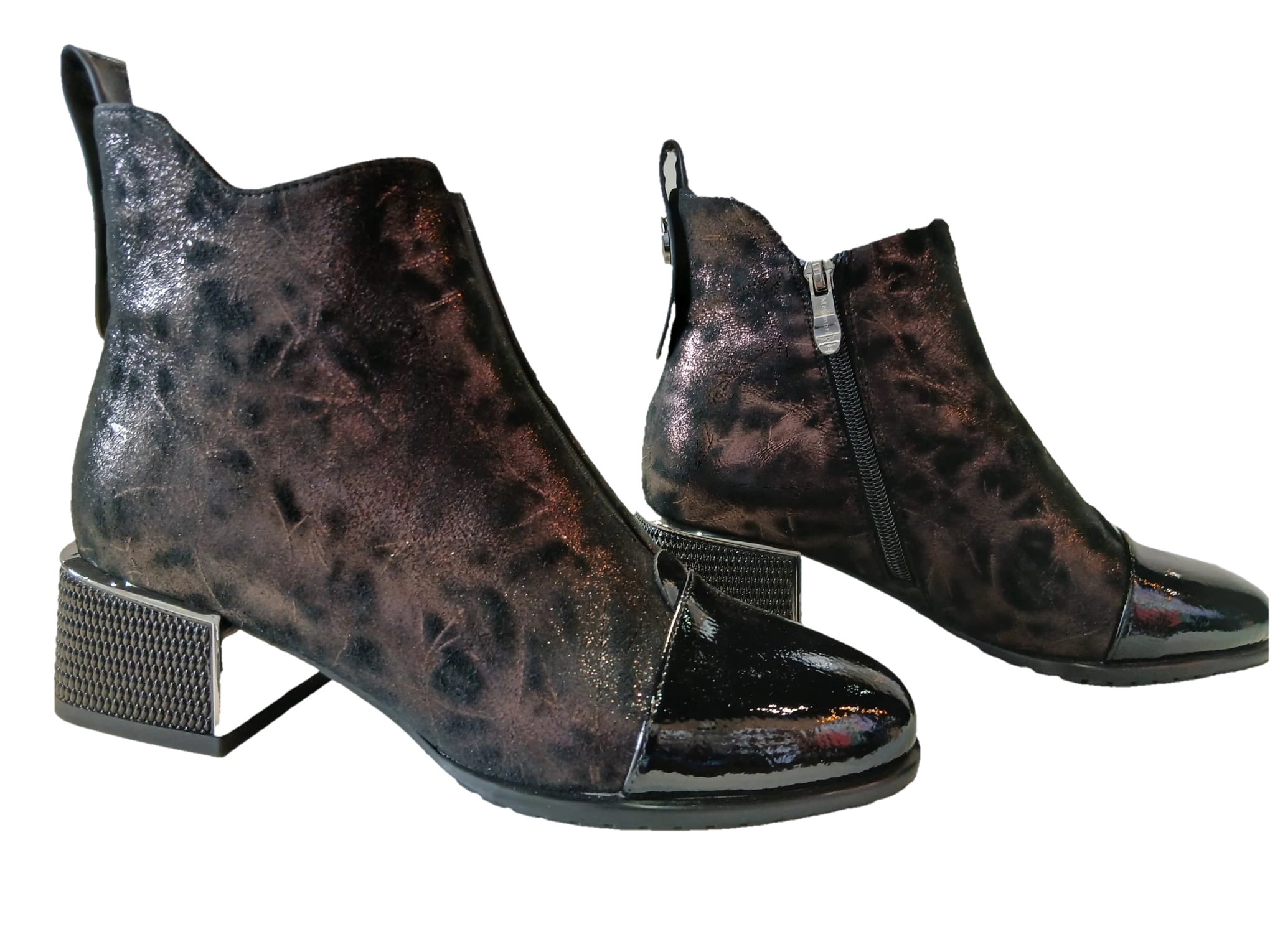 Bottine Baguer en cuir bronze métallisé, bout verni noir