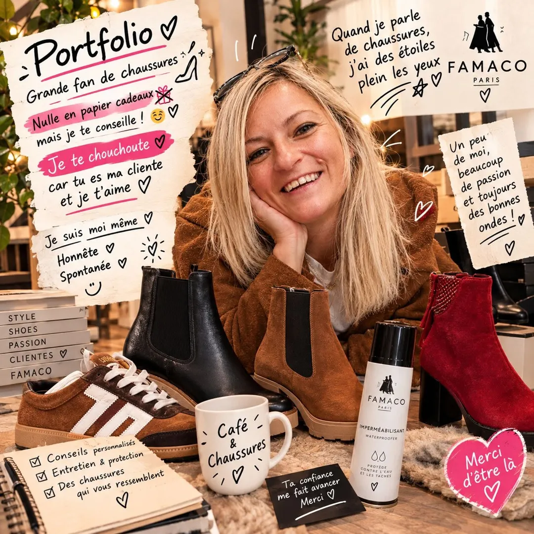 Laurie souriante au milieu de ses paires préférées, le portfolio de la boutique