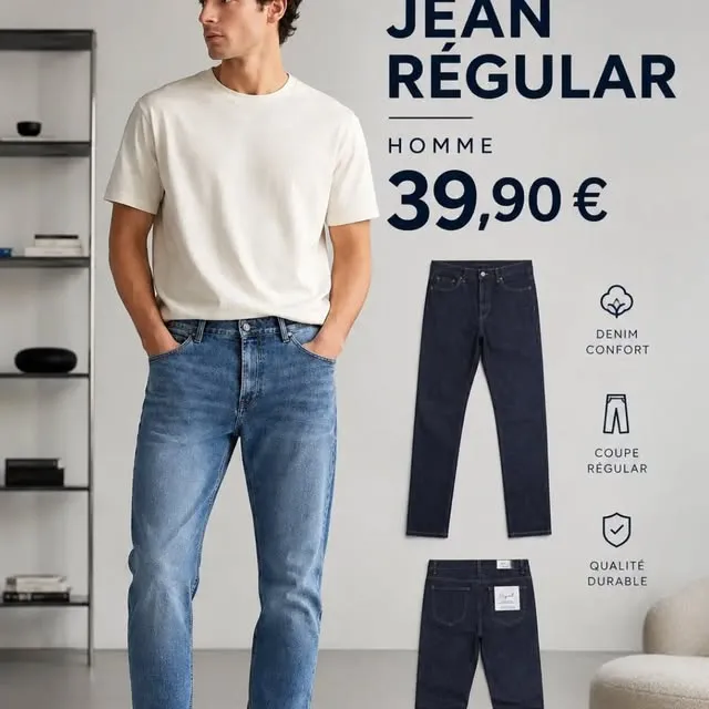 Jean regular homme, en denim délavé et en brut