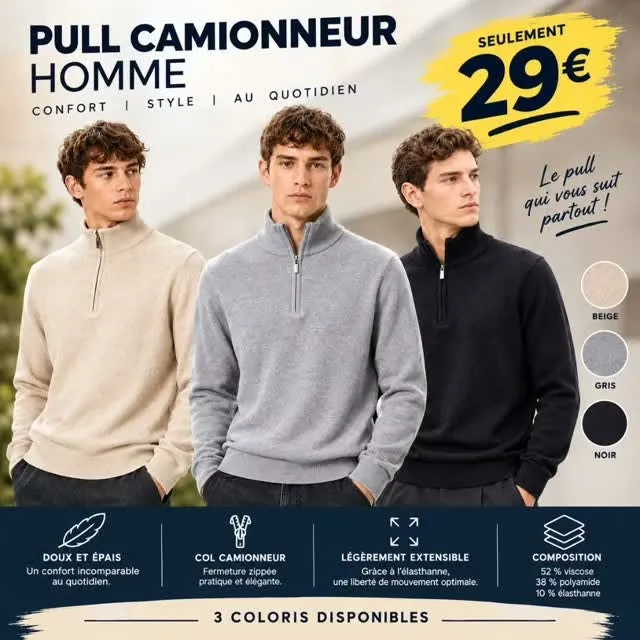Pull camionneur homme zippé, en beige, gris et noir