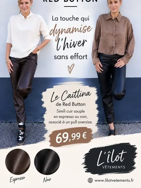 Pantalon Caittina de Red Button en simili cuir, espresso ou noir