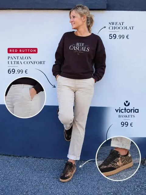 Laurie en sweat chocolat, pantalon Red Button et baskets Victoria