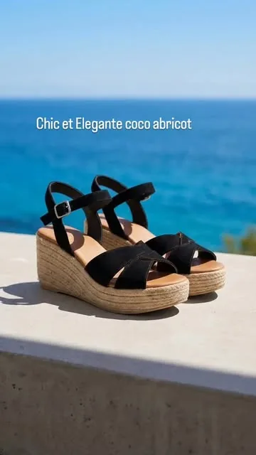 Sandales compensées noires Coco Abricot, posées face à la mer